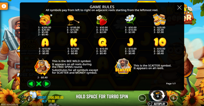bee keeper paytable paytable