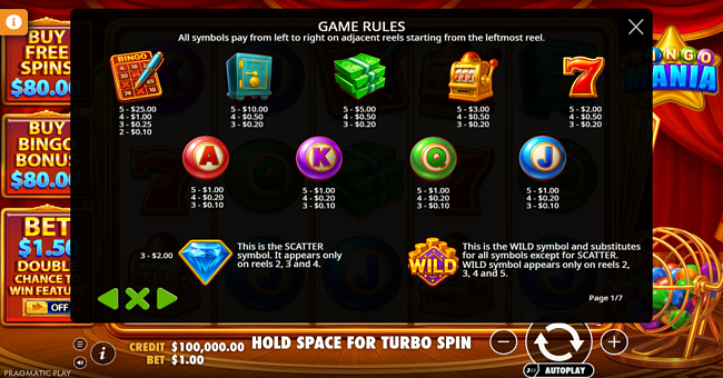 bingo mania paytable 1 paytable