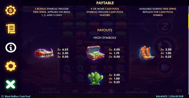black bullion cash pool paytable 1 paytable