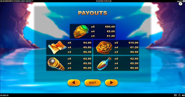 blackbeards hoard cash sacks paytable 1 paytable