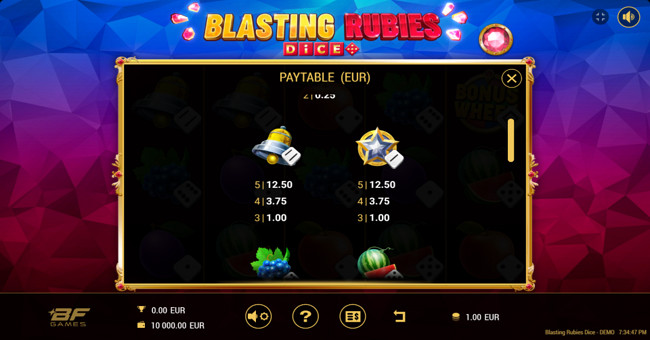 blasting rubies dice paytable 2 paytable