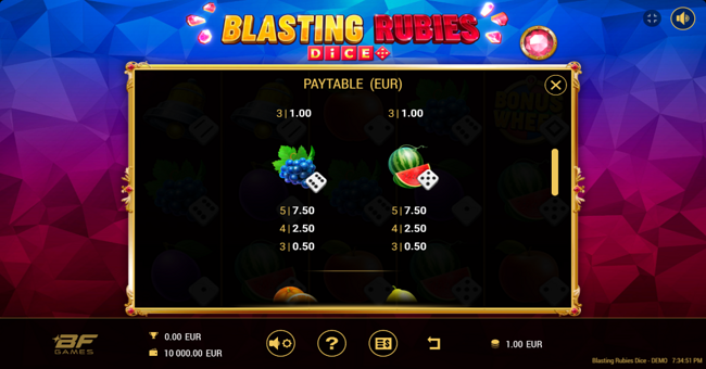 blasting rubies dice paytable 3 paytable