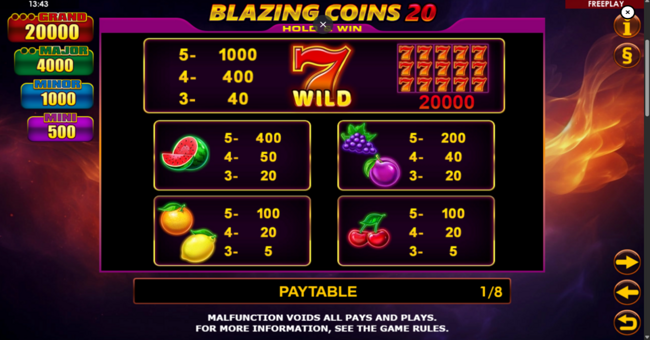 blazing coins 20 hold and win paytable paytable