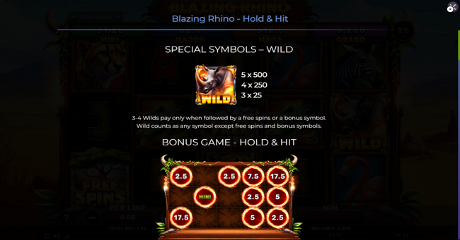 blazing rhino hold and hit paytable 1 paytable