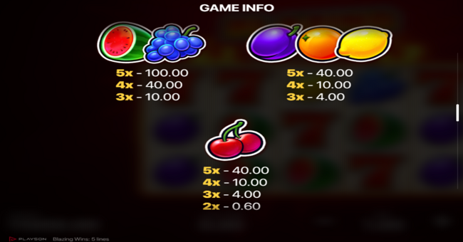 blazing wins 5 lines paytable 2 paytable