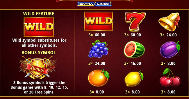 bonus epic wild extralines paytable paytable