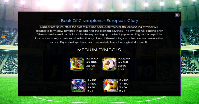book of champions european glory paytable 1 paytable