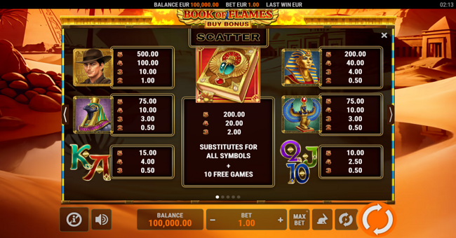 book of flames buy bonus paytable paytable