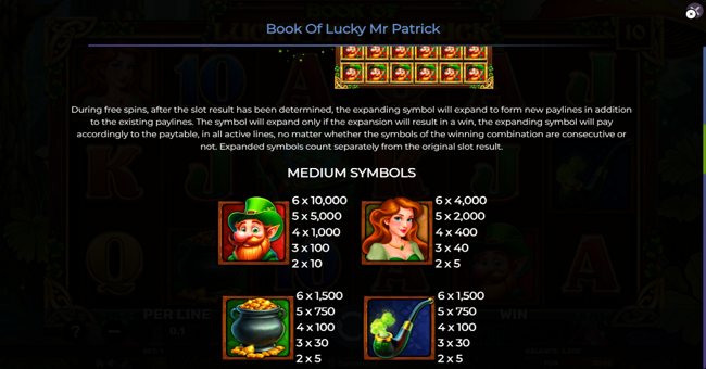book of lucky mr patrick paytable 1 paytable