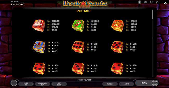 book of santa dice paytable 1 paytable