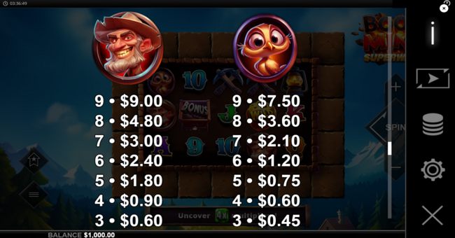 boom mine superways paytable 1 paytable