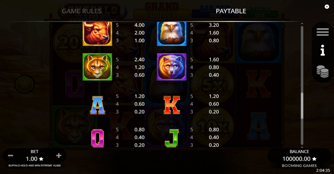 buffalo hold and win extreme 10000 paytable paytable