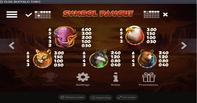 buffalo toro playtable paytable