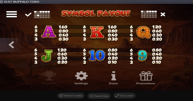 buffalo toro playtable2 paytable
