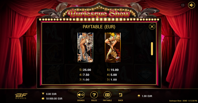 burlesque show dancer paytable 1 paytable