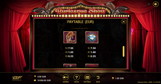 burlesque show dancer paytable 3 paytable
