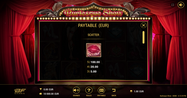 burlesque show dancer paytable 5 paytable