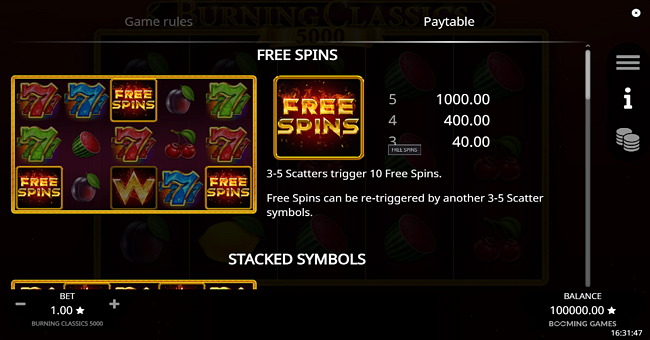 burning classics 5000 paytable 1 paytable