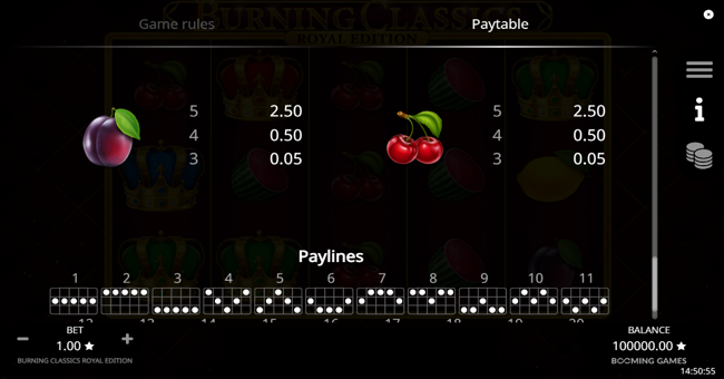 burning classics royal edition paytable 4 paytable