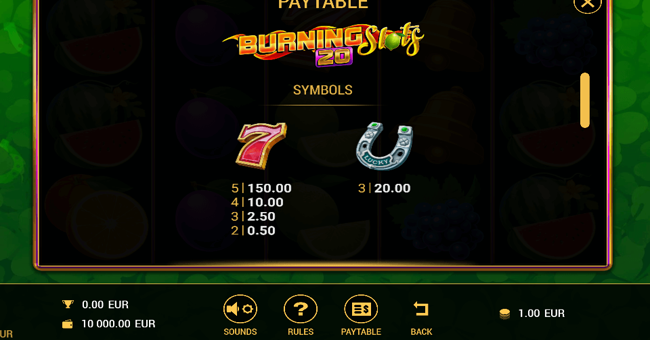 burning slots 20 paytable paytable