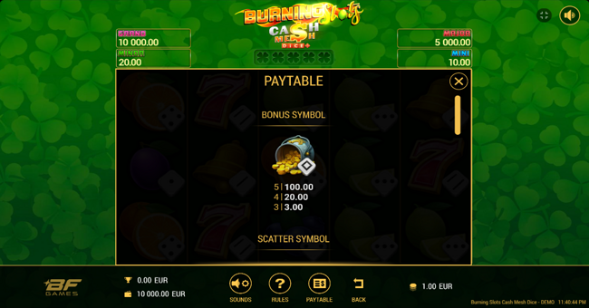 burning slots cash mesh dice paytable 1 paytable