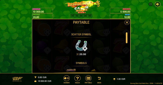 burning slots cash mesh dice paytable 2 paytable