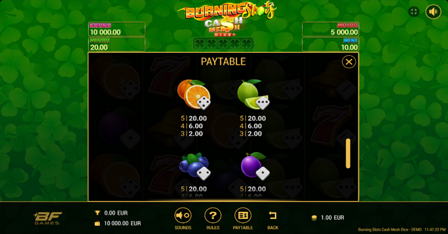 burning slots cash mesh dice paytable 5 paytable