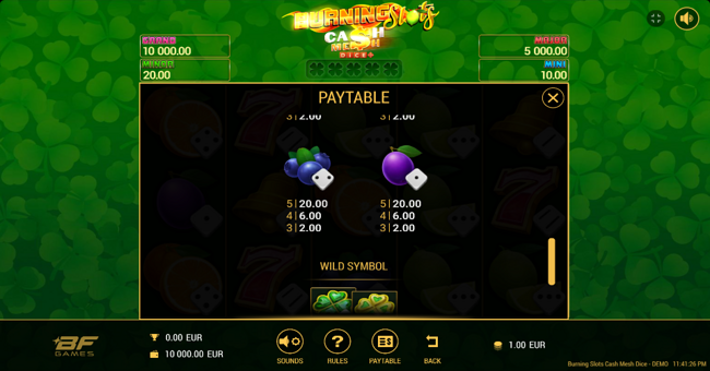 burning slots cash mesh dice paytable 6 paytable