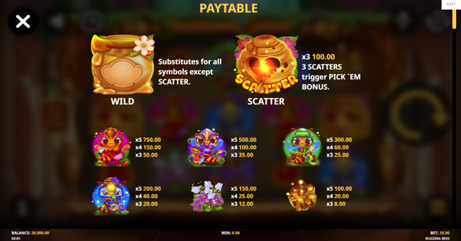 buzzing bees paytable 1 paytable