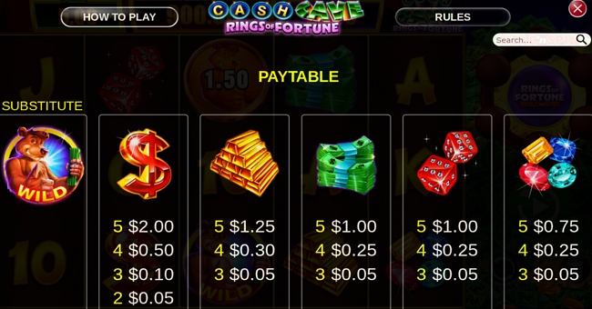 cash cave rings of fortune paytable 1 paytable