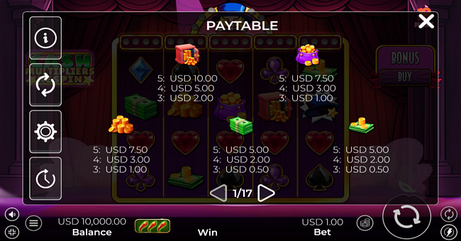 cash multipliers respin paytable 1 paytable