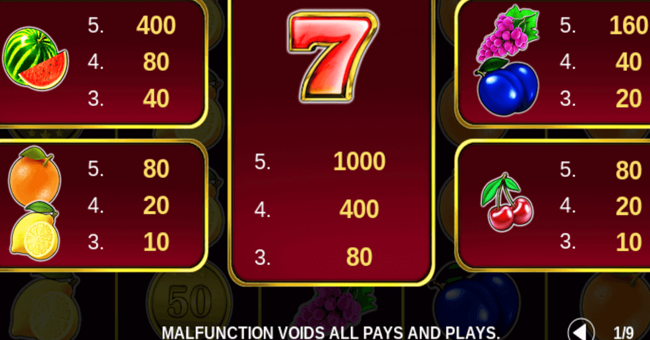 cash n fruits 100 paytable paytable