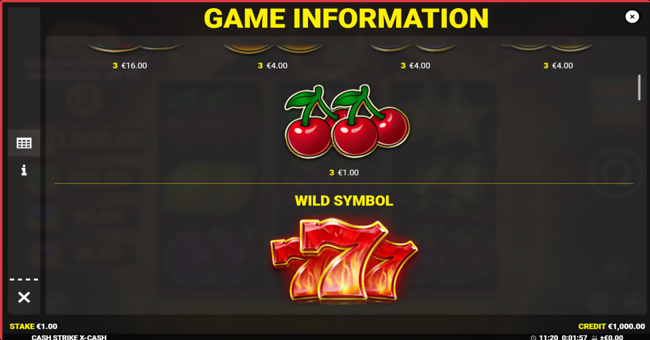 cash strike x cash paytable 2 paytable