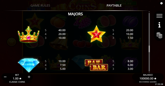 classic coins paytable 1 paytable