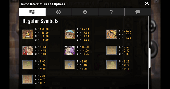 cleopatras coins paytable paytable