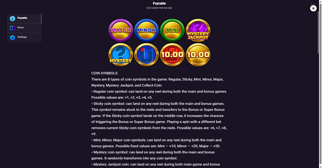 coin catcher paytable paytable