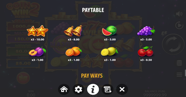 coin win 2 hold the spin paytable paytable