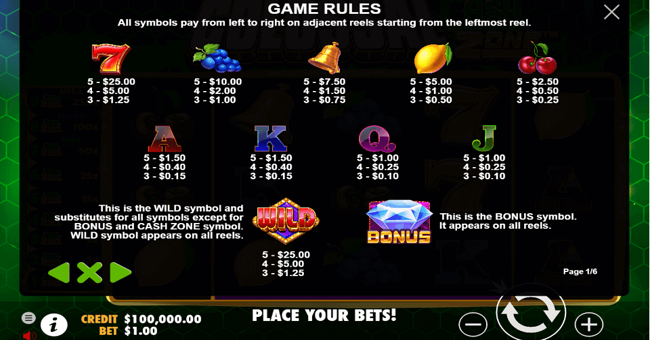 colossal cash zone 1 paytable