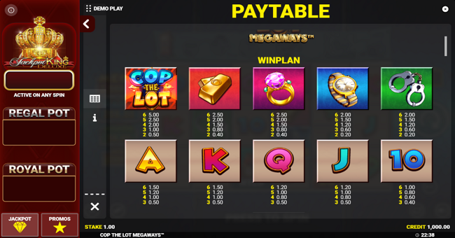 cop the lot megaways jackpot king paytable 1 paytable