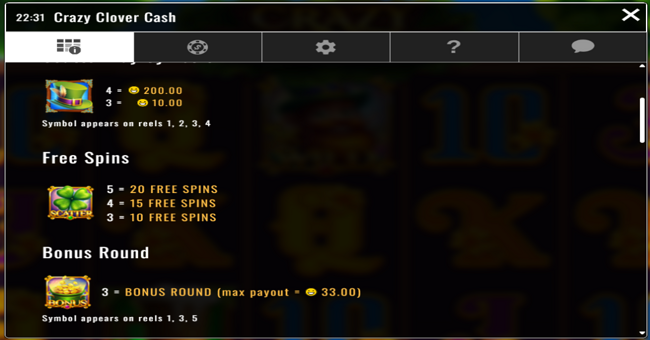 crazy clover cash paytable 1 paytable