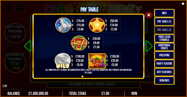 crazy fruits frenzy paytable 1 paytable
