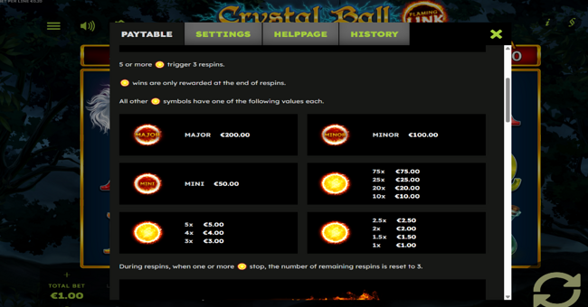crystal ball flaming link paytable 1 paytable