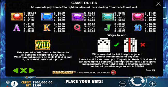 crystal caverns megaways 1 paytable
