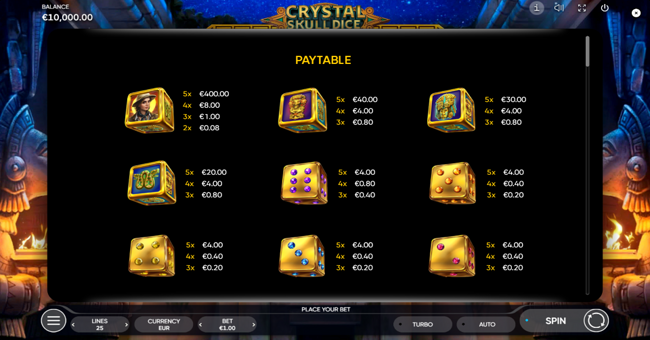 crystal skull dice paytable 1 paytable
