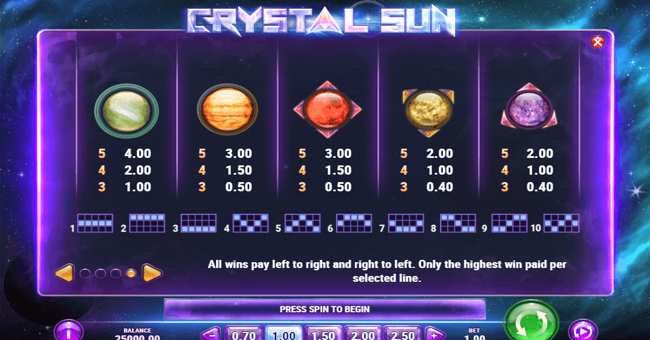 crystal sun 2 paytable