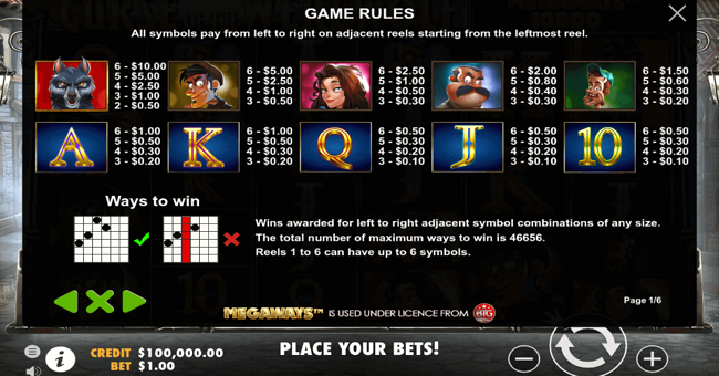 curse of the werewolf megaways 1 paytable