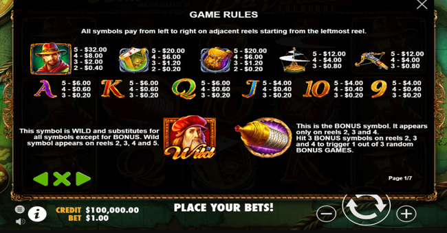 davincis treasure paytable paytable