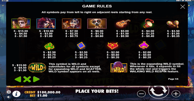 day of dead 1 paytable