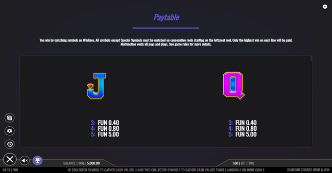 diamond charge hold and win paytable 5 paytable