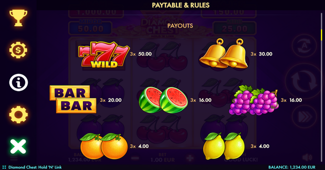 diamond chest hold n link paytable 1 paytable